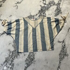 Vintage Phool Shirt Womens Sz L Blue Ivory Striped Open Shoulder Cotton Dolman